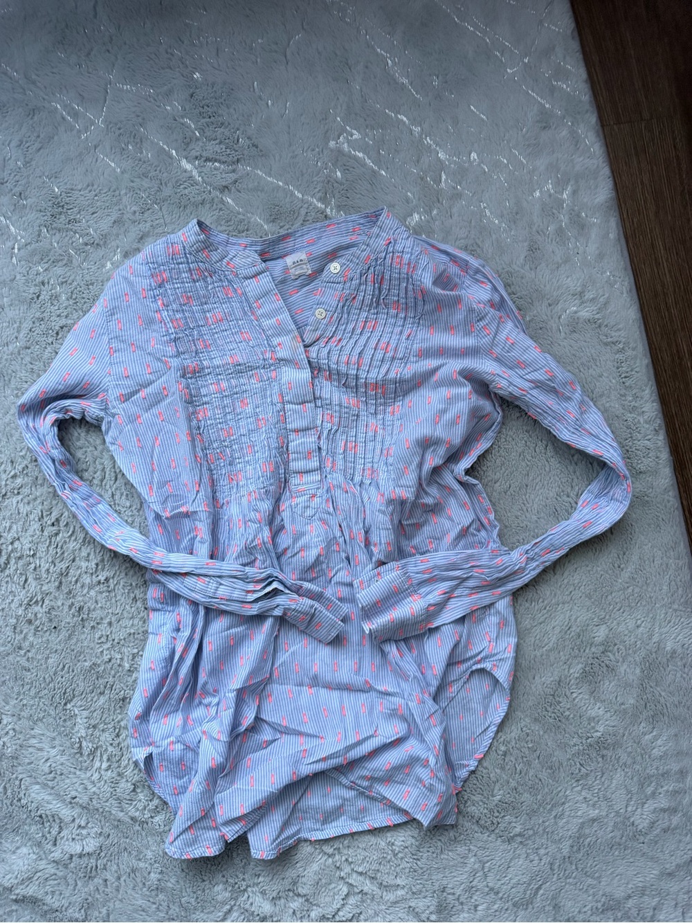 Light Blue Striped Pintuck Button Front Women's Top with Pink Dot Print